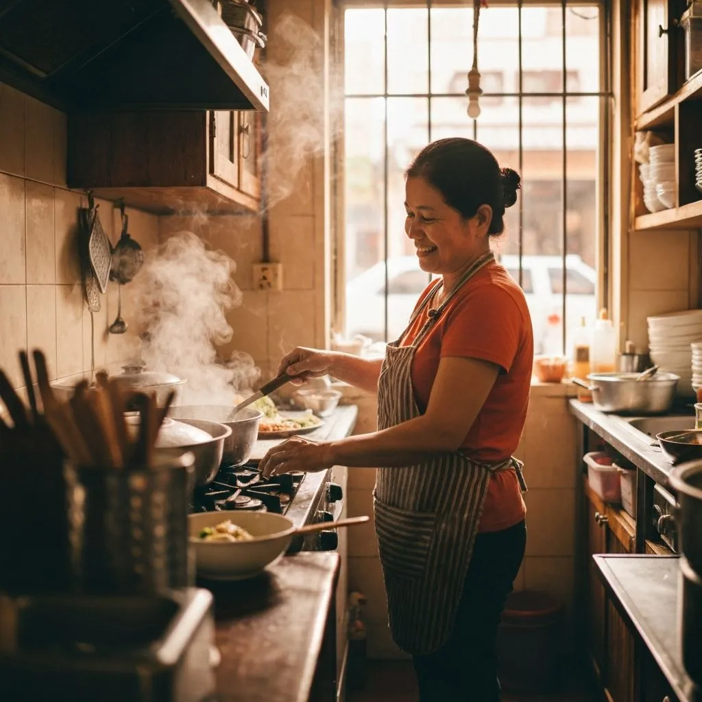 オーナーシェフが厨房で料理をする様子